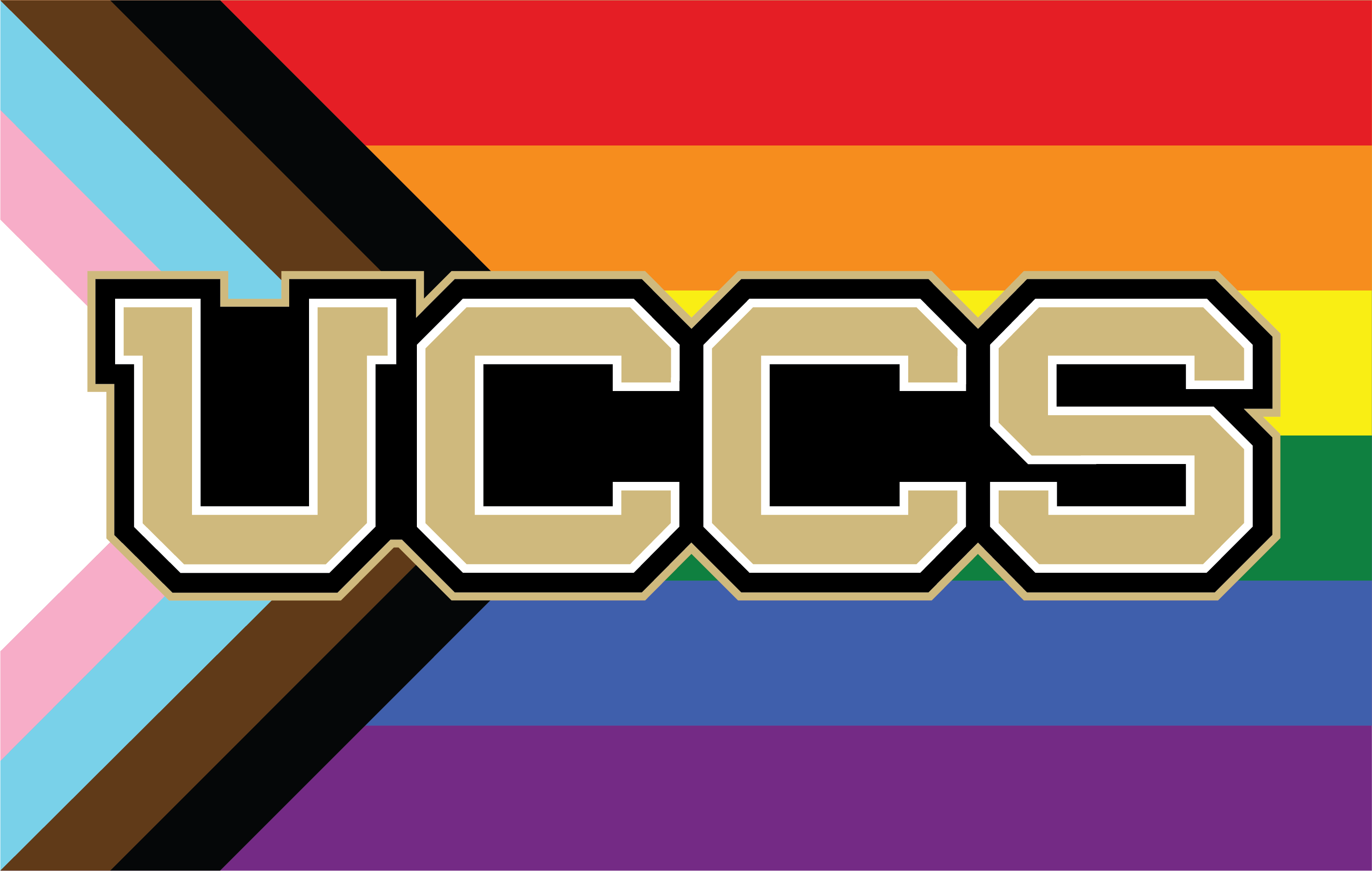 A rainbow flag superimposed with the UCCS acronym